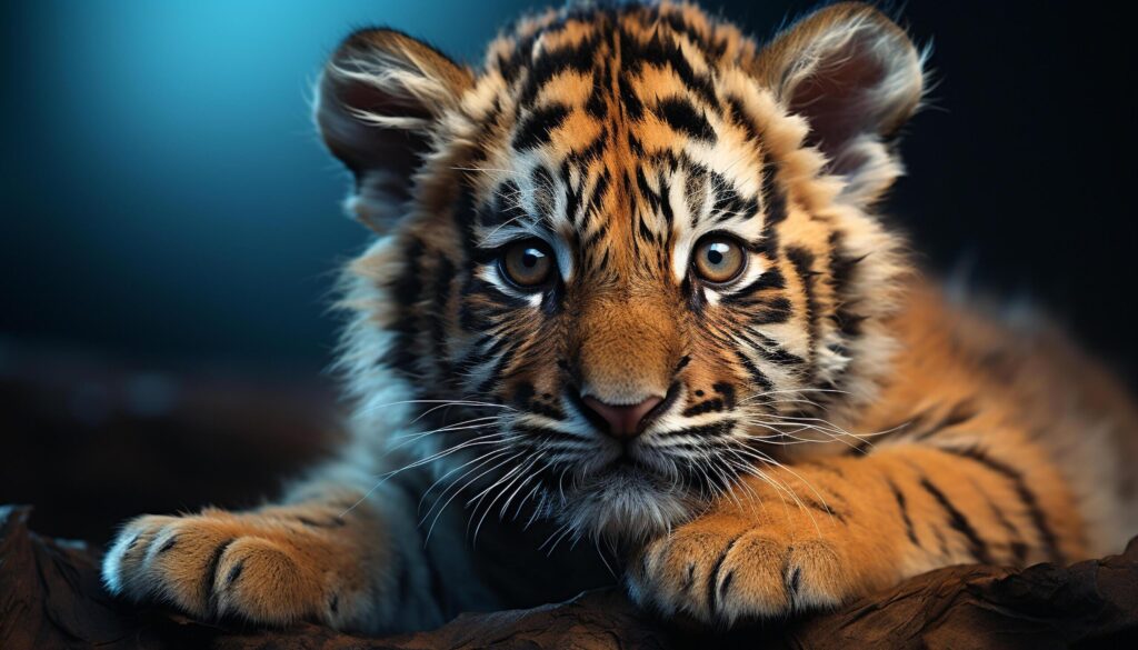 Majestic tiger staring, cute cub, beauty in nature generated by AI Free Photo