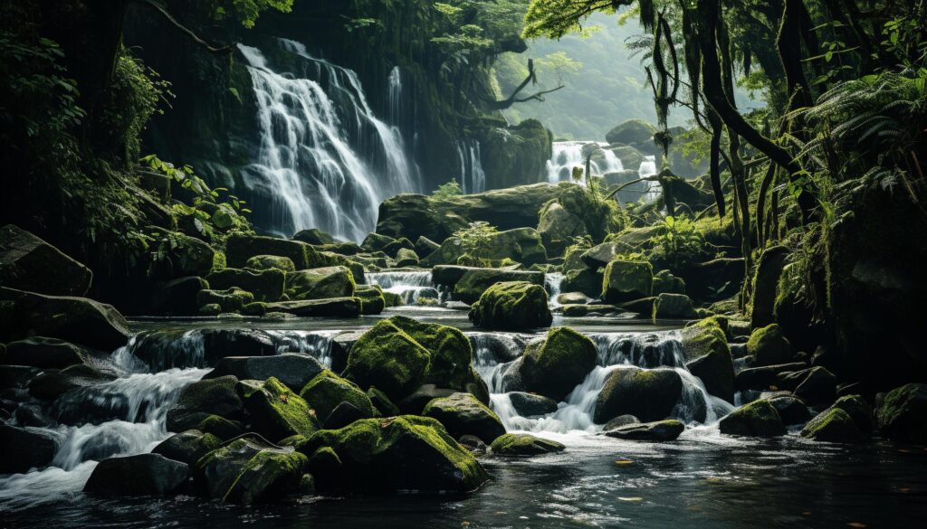 Majestic tropical rainforest, flowing water, tranquil cliff, blurred motion generated by AI Free Photo