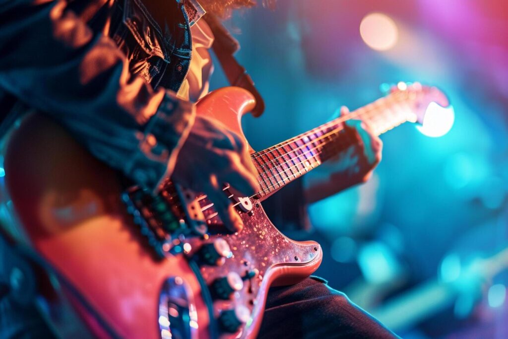 AI generated male guitarist playing electric guitar in the hard music concert bokeh style background with generative ai Stock Free