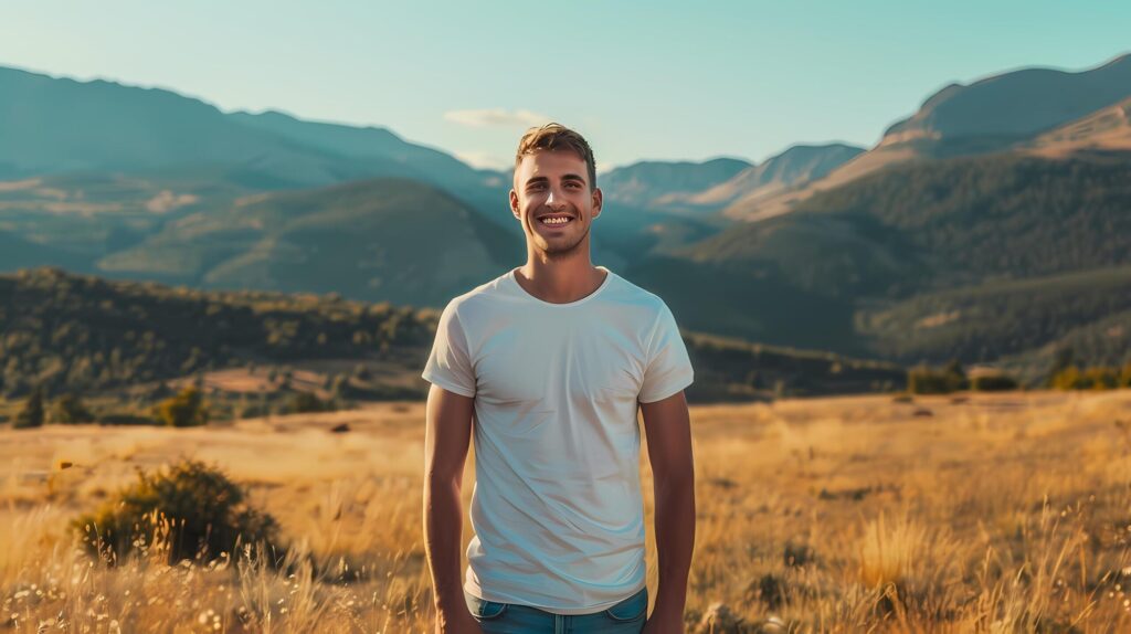 Male model with bright smile standing outdoors on a summer day. He wore a clean white t-shirt. And there are mountains in the background. Free Photo