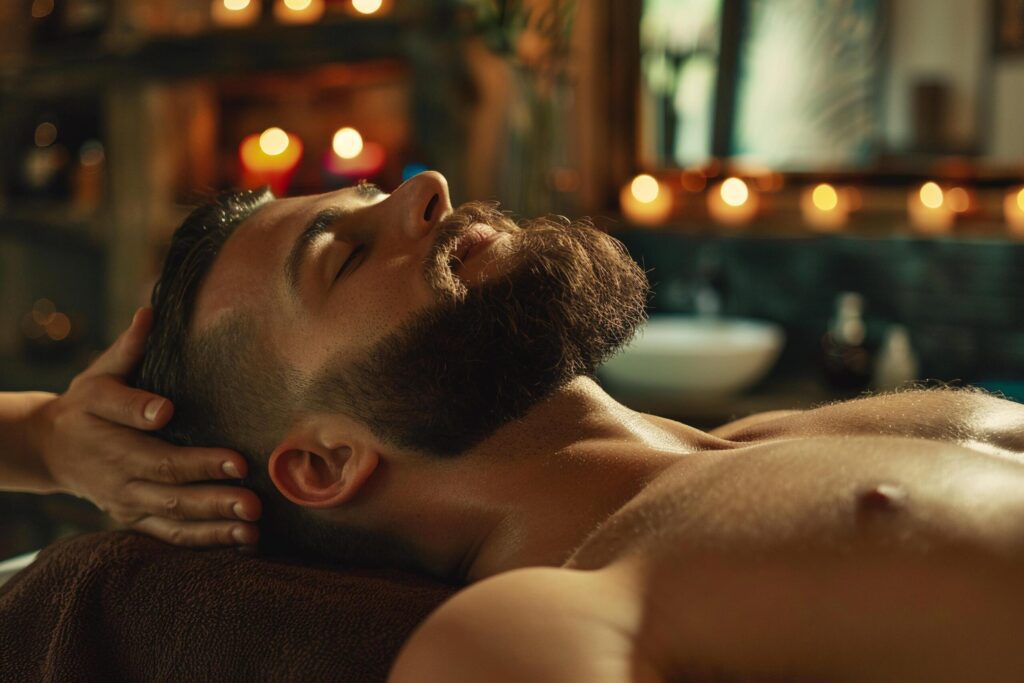 Man Enjoying Relaxing Massage at a Spa with . Free Photo