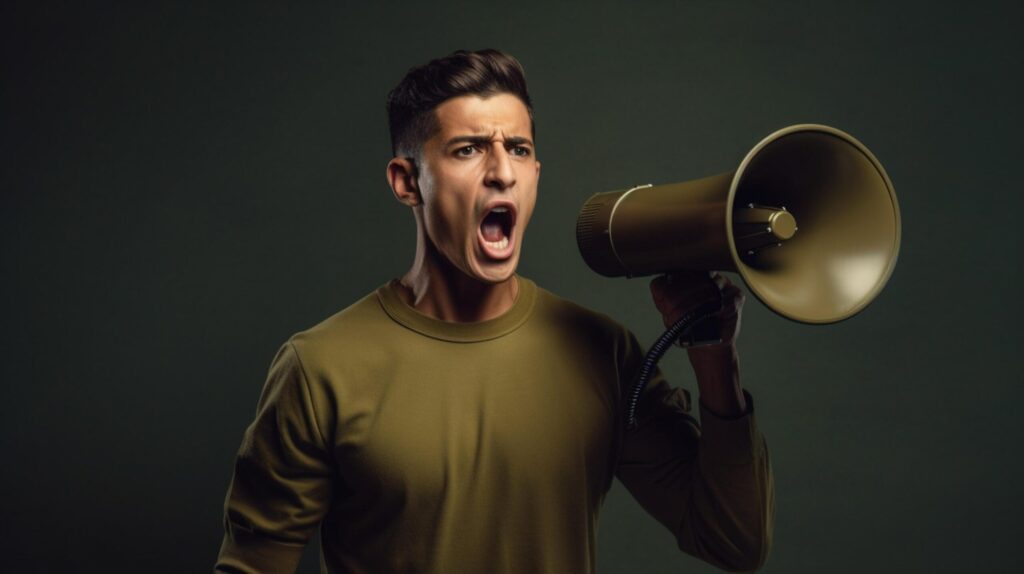 man holding megaphone standing on Olive Drab background Free Photo