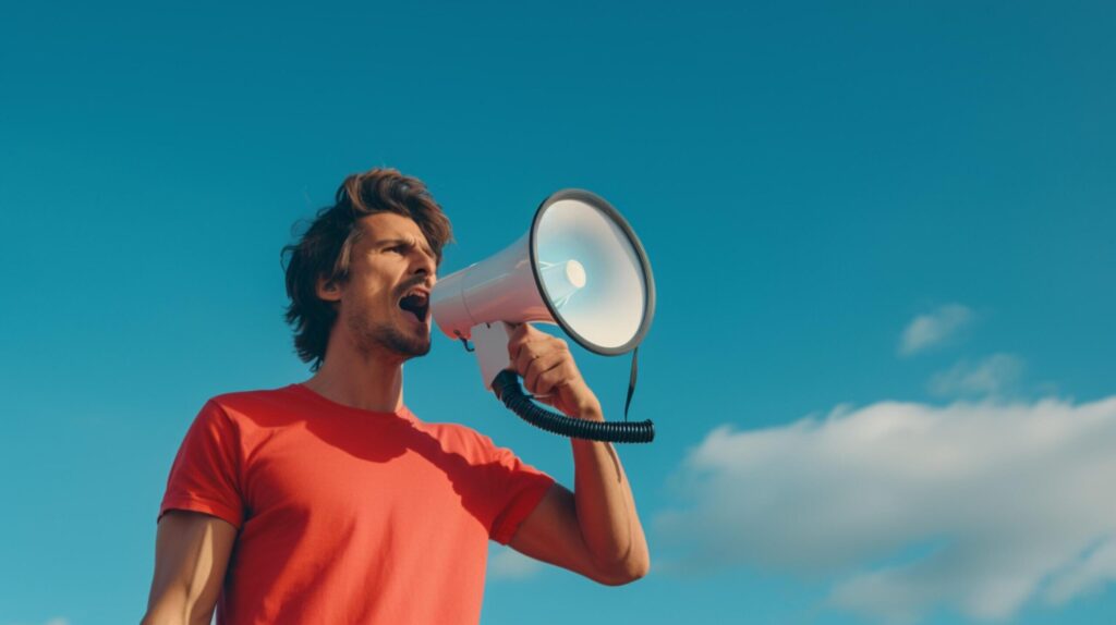 man holding megaphone standing on Sky Blue background Free Photo