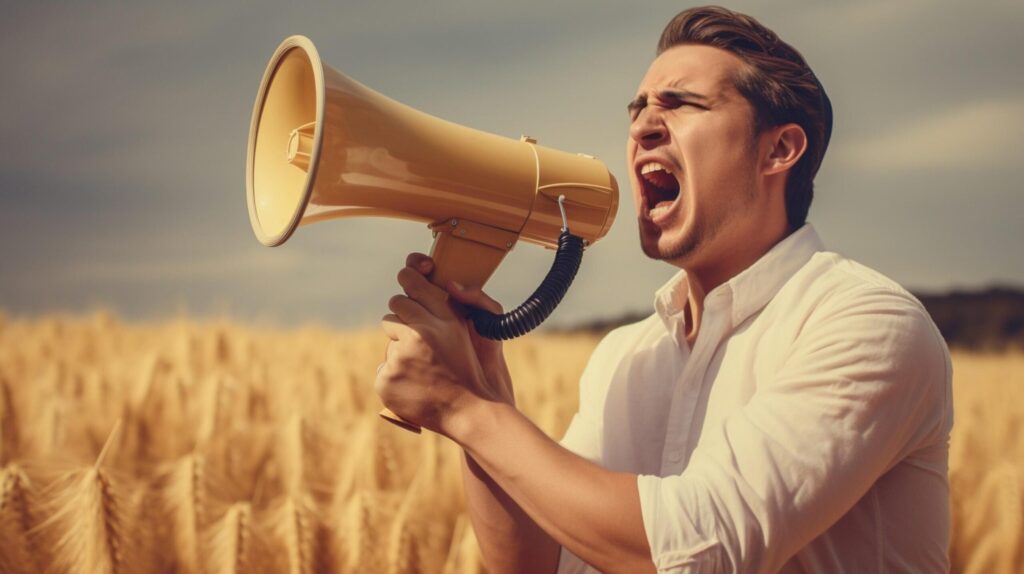 man holding megaphone standing on Straw background Free Photo