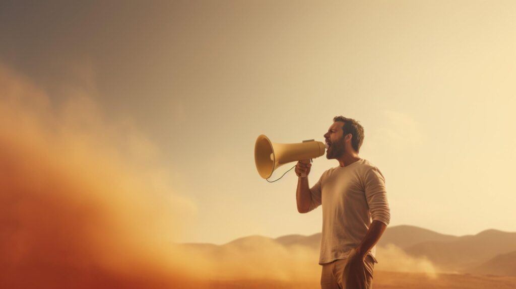 man holding megaphone standing on Tan background Free Photo