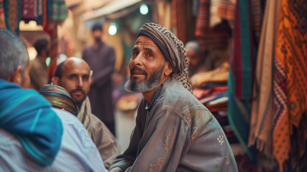 Man in Morocco browsing textile in a traditional market scene, ideal for promoting local markets Free Photo