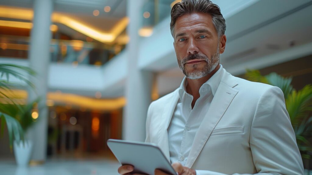 Man in Suit Analyzing Tablet Free Photo