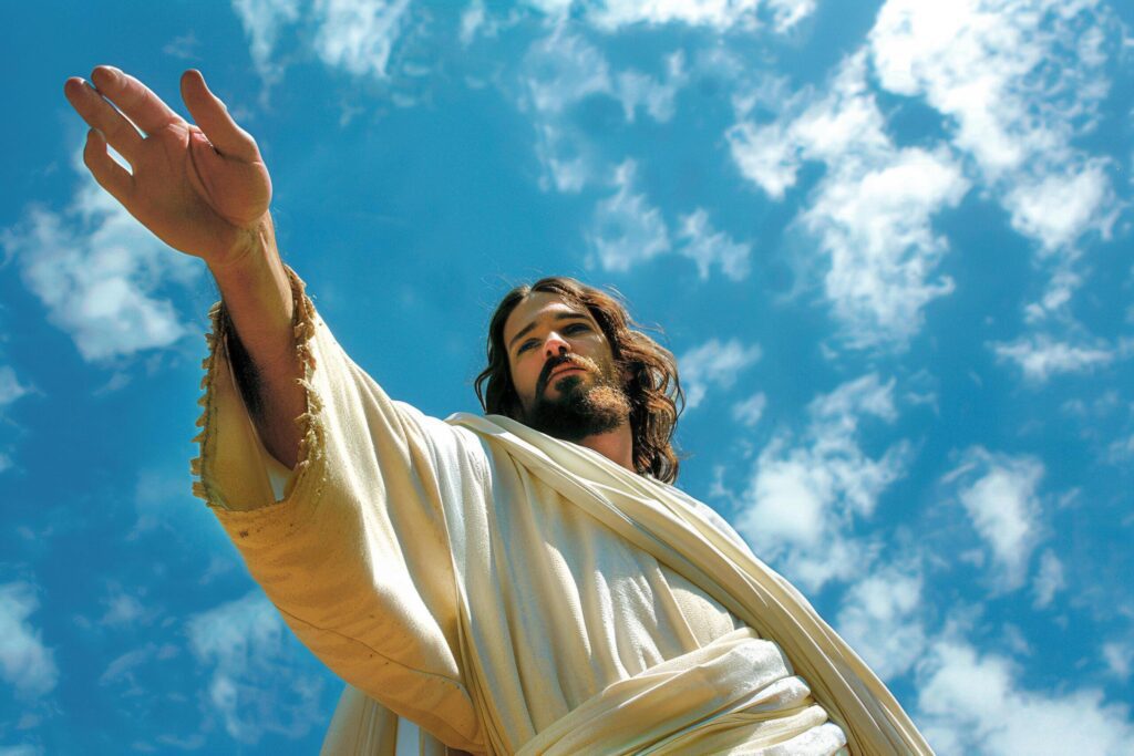 Man Portraying Jesus Offering Hand Against Sky with . Free Photo