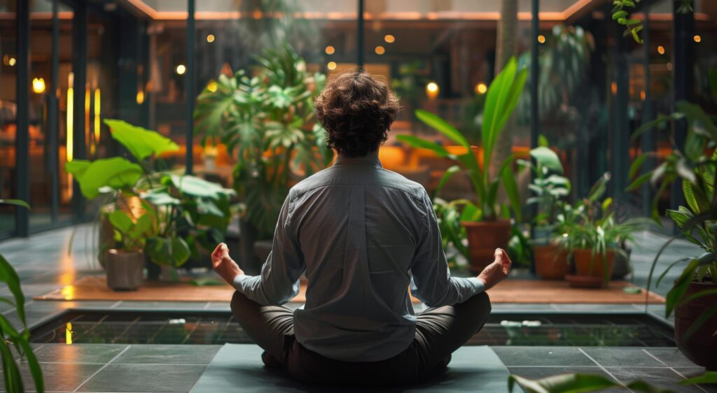 Man Sitting in Lotus Position in Front of Building Free Photo