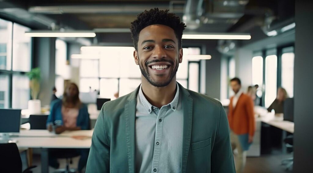 AI generated man smiling in office, with others around business Stock Free