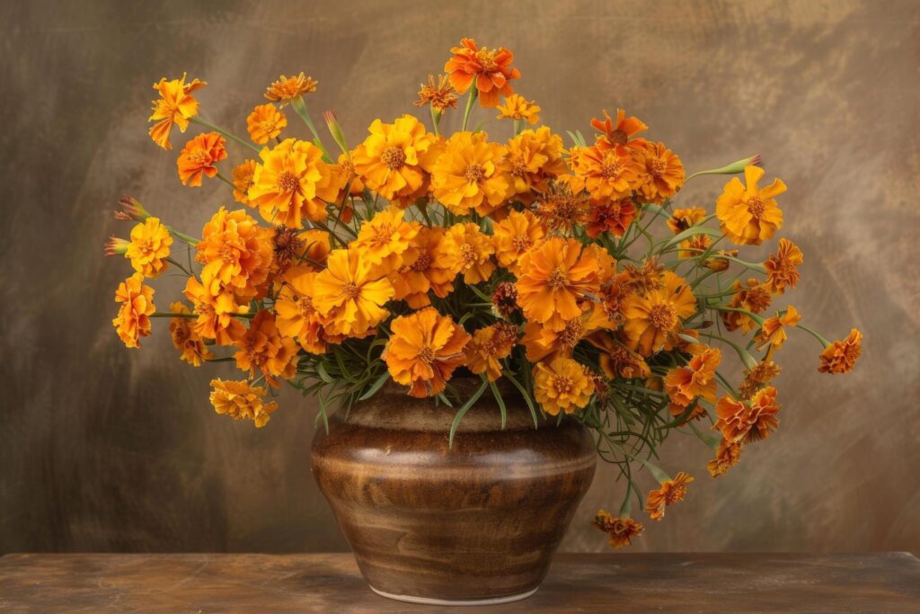 Marigold Blossoms in Earthenware Vase on Vintage Table Free Photo