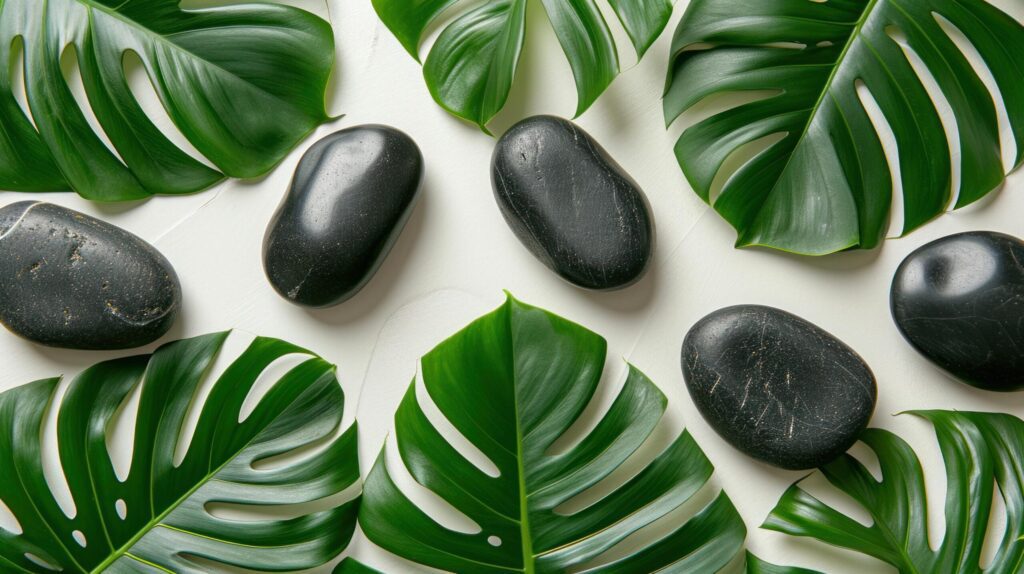 massage leaves and black stones on a white background Free Photo