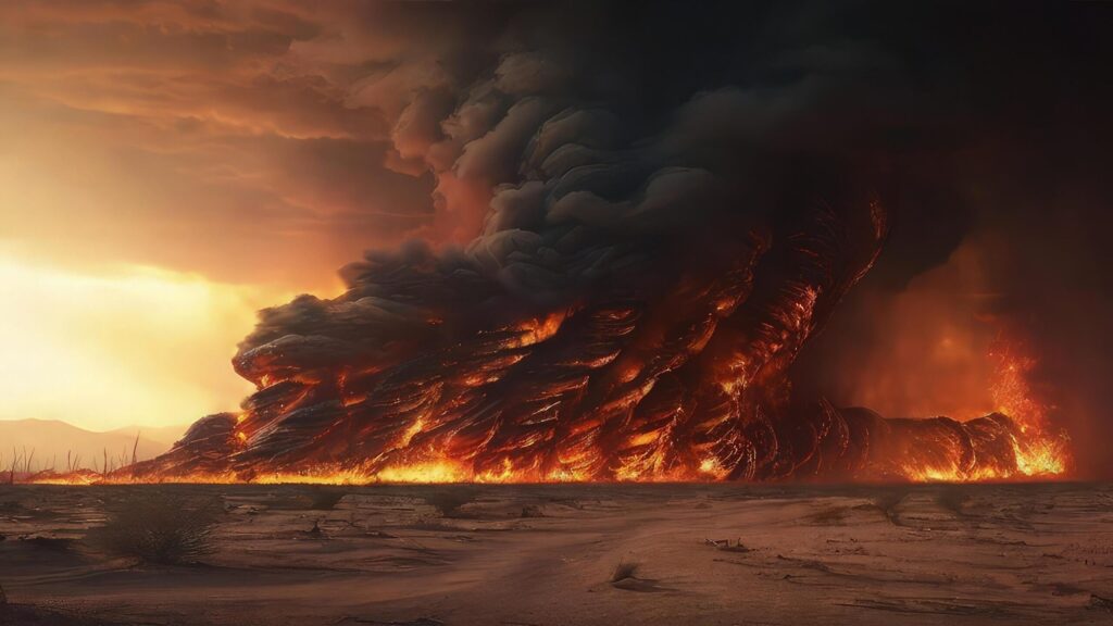 Massive Fire Tornado Engulfing the Desert in Black Smoke Free Photo