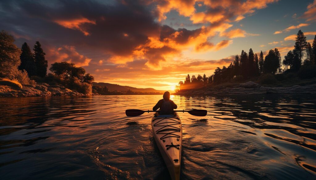 Men and women paddling canoe, enjoying tranquil sunset outdoors generated by AI Free Photo