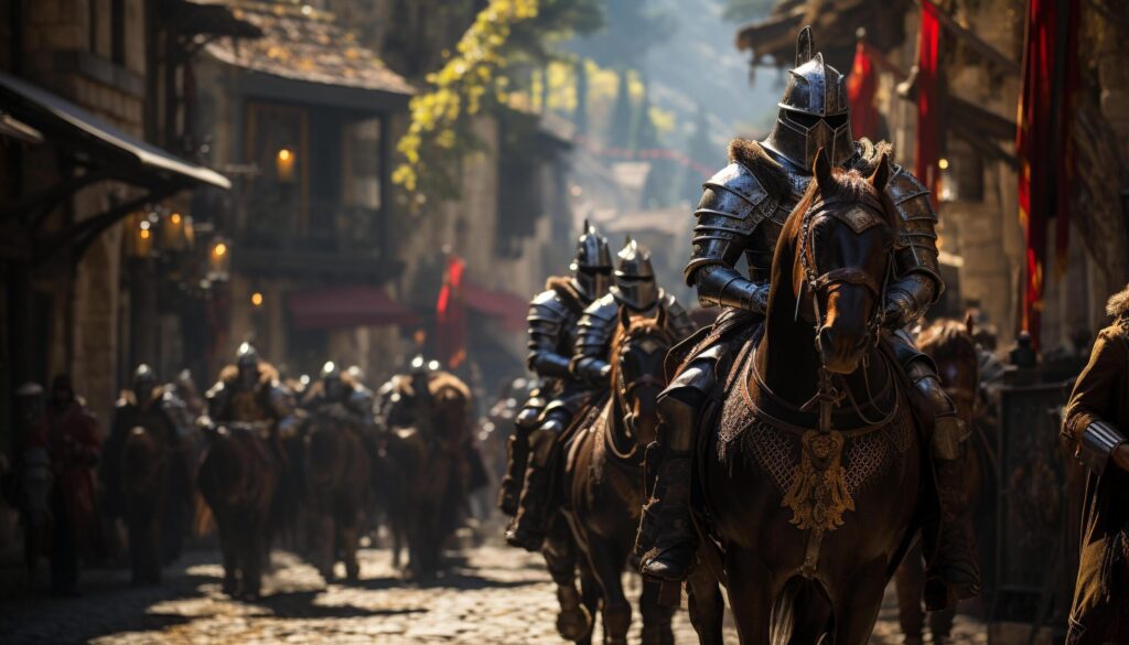 Men riding horses in a traditional festival parade generated by AI Free Photo