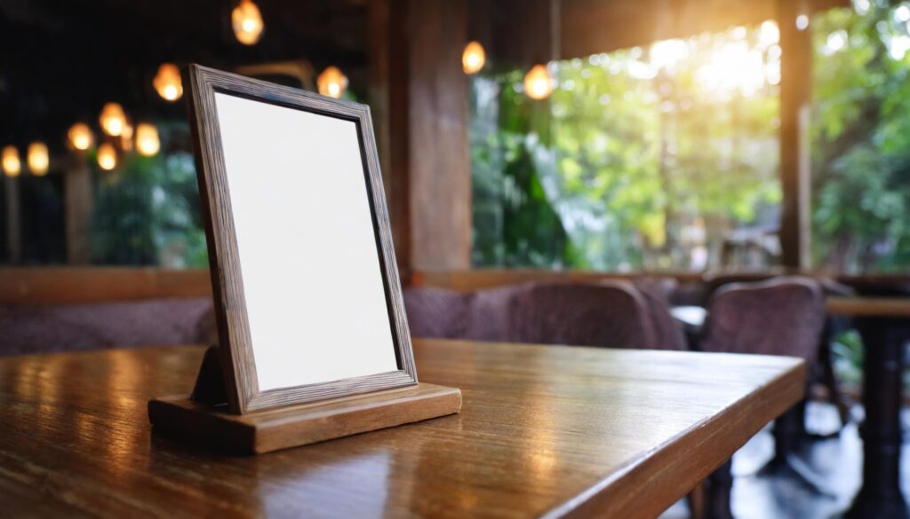 Menu frame mockup standing on wood table in a restaurant Free Photo