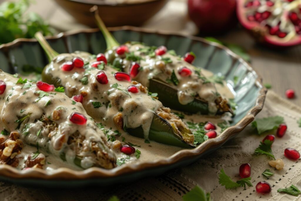 Mexican cuisine Chile en Nogada stuffed poblano chiles with creamy sauce, pomegranate seeds Free Photo