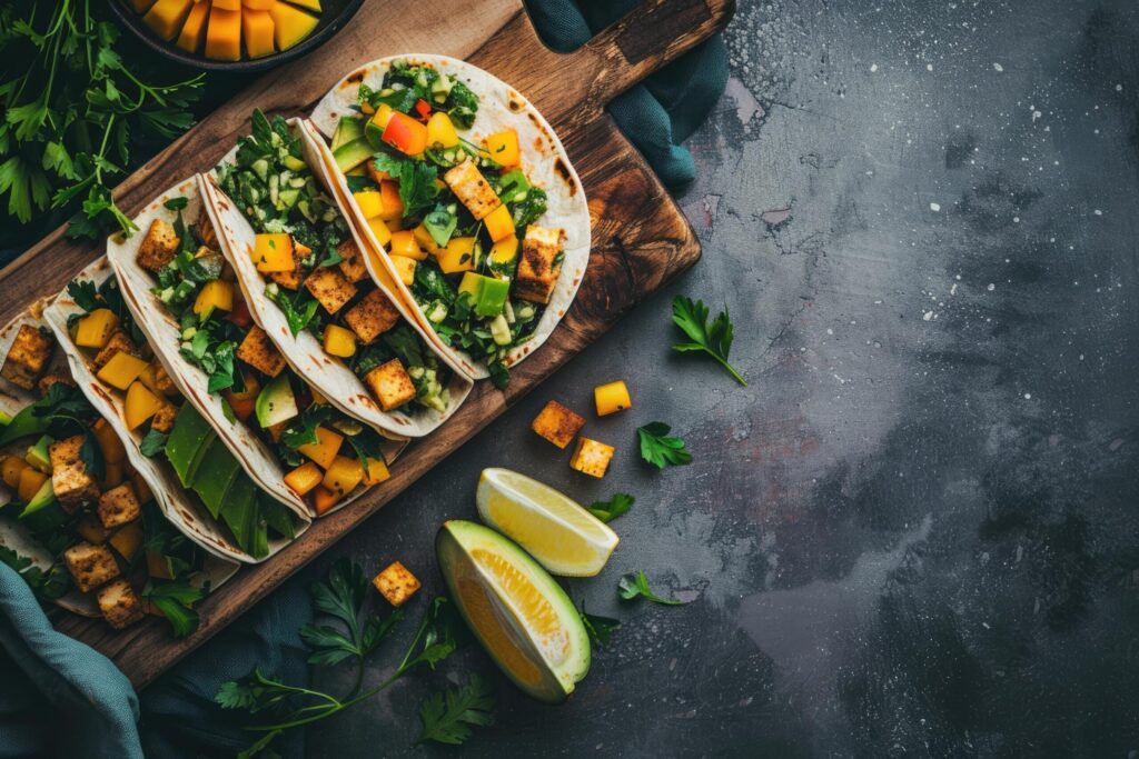 Mexican Mango avocado tacos. tofu, grilled chicken, tomato salsa sauce, onion in corn tortilla Free Photo