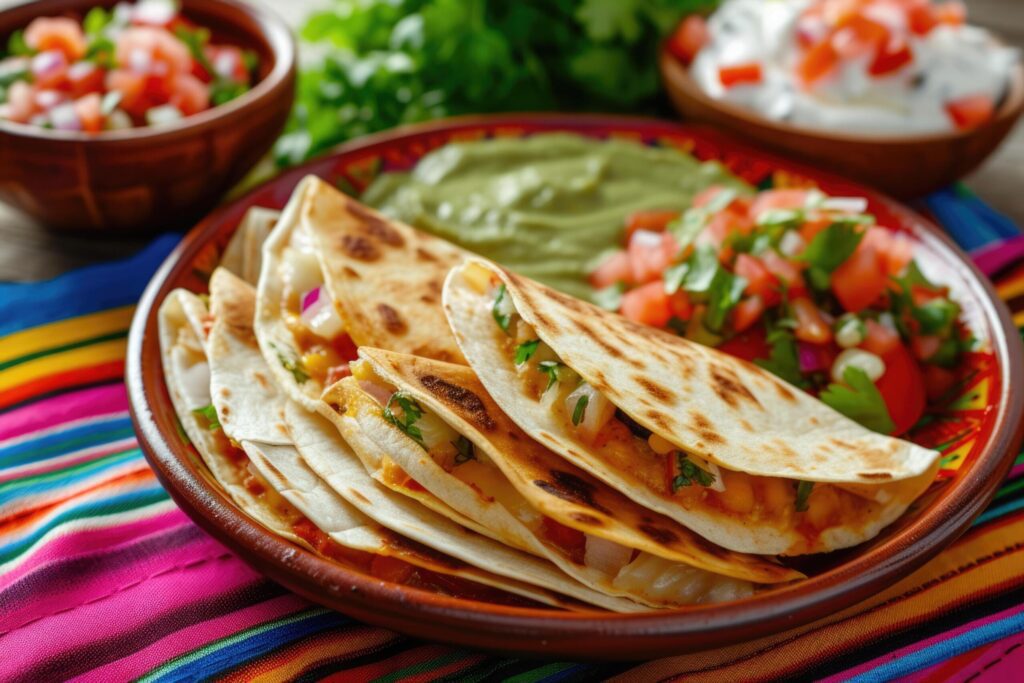 mexican quesadillas with chicken, cheese and peppers, copy space Free Photo