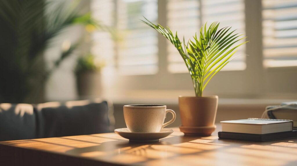 AI generated Minimalist desk setup with a potted plant, a cup of coffee, and neatly arranged office supplies, background image, generative AI Stock Free