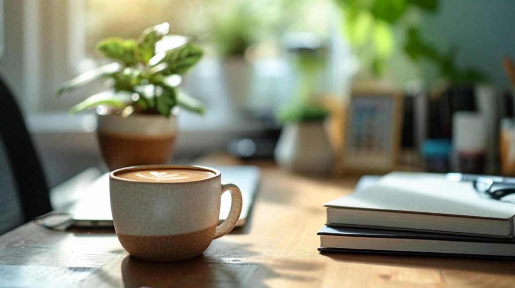 AI generated Minimalist desk setup with a potted plant, a cup of coffee, and neatly arranged office supplies, background image, generative AI Free Photo