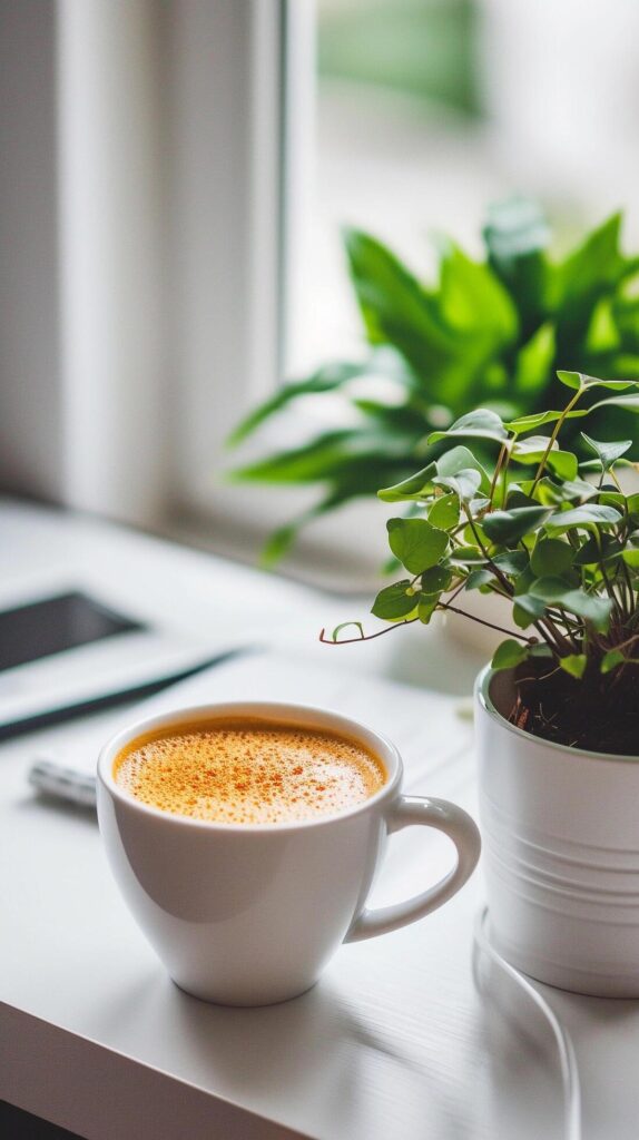 Minimalist desk setup with a potted plant, a cup of coffee, and neatly arranged office supplies, background image, generative AI Free Photo