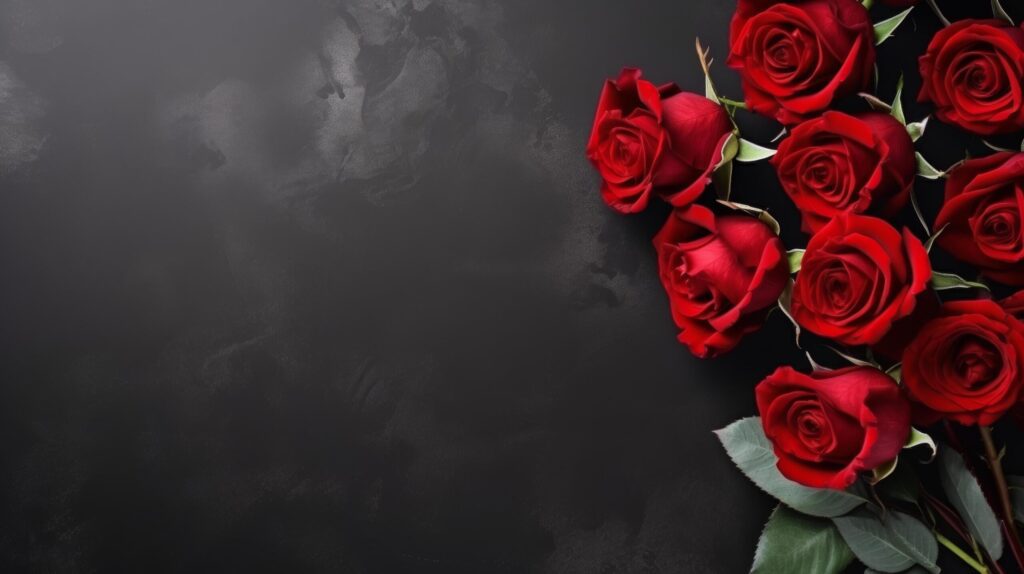 Minimalistic black background on which lies a bouquet of red roses with large copyspace area Free Photo