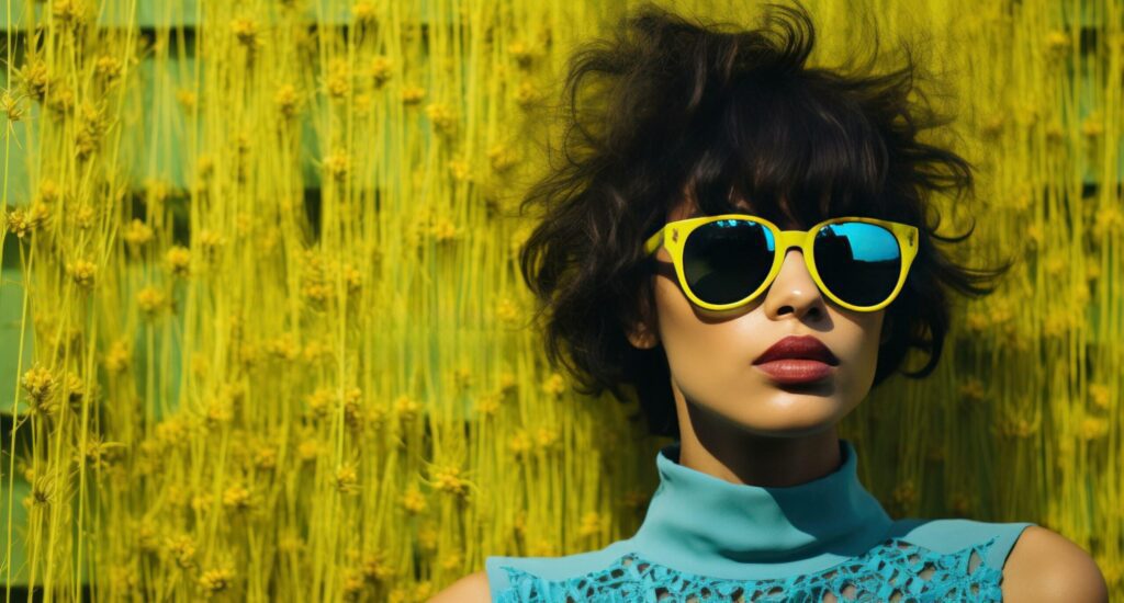 model wearing yellow sunglasses behind green grass background Free Photo