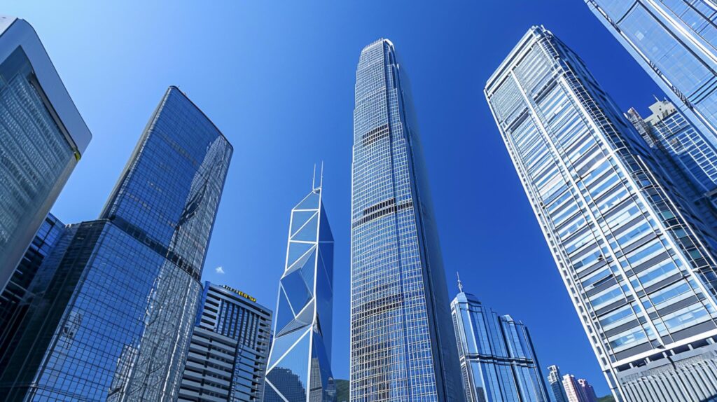 modern cityscape features a tall skyscraper under a clear blue sky Ai generated Free Photo