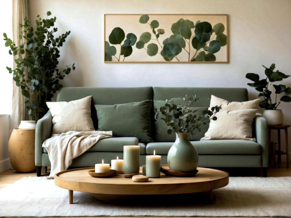 Modern Cozy Living Room with Green Sofa and Decorative Plants Free Photo