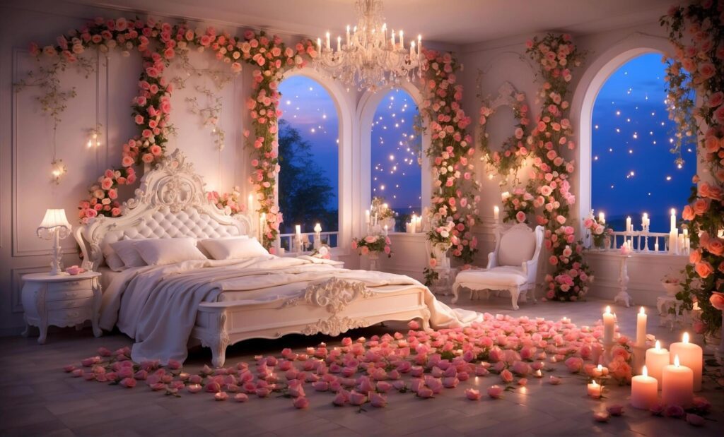 Modern dark bedroom with Valentine atmosphere with Roses and Heart Balloons Free Photo