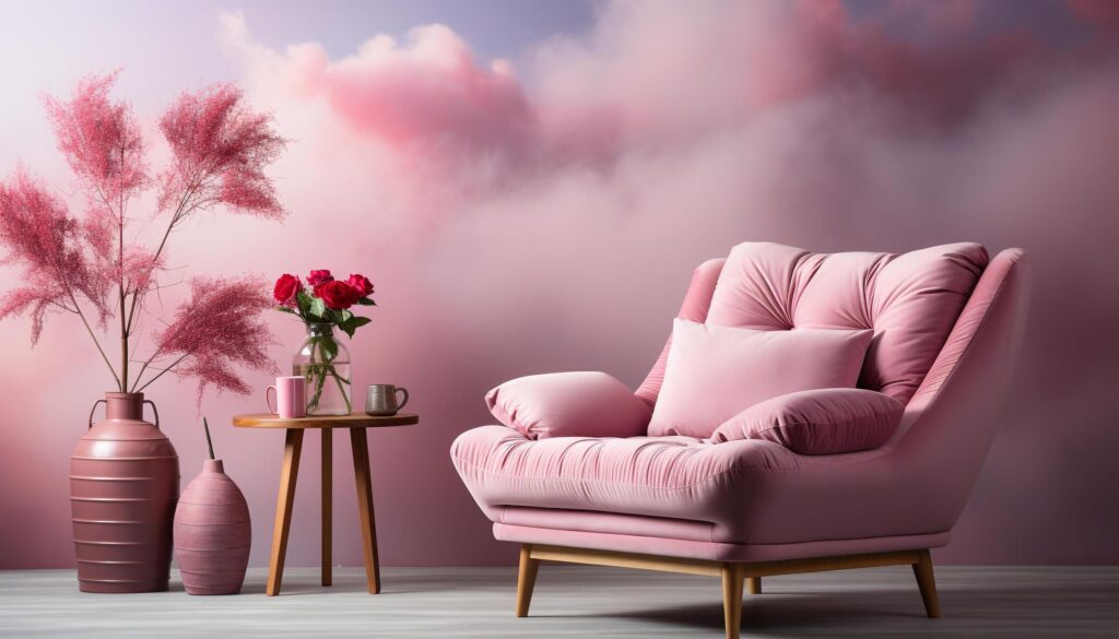 Modern living room with pink sofa, purple chair, and wooden table generated by AI Free Photo