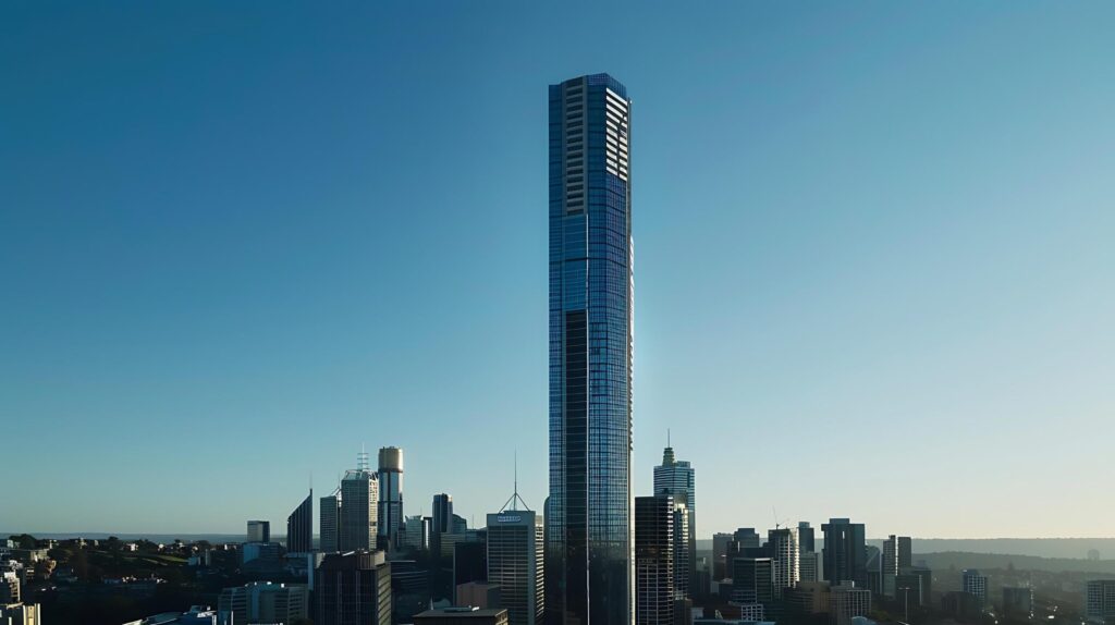 Modern Skyscraper Tower Soars Amidst Urban Landscape Framed by Clear Blue Sky Free Photo