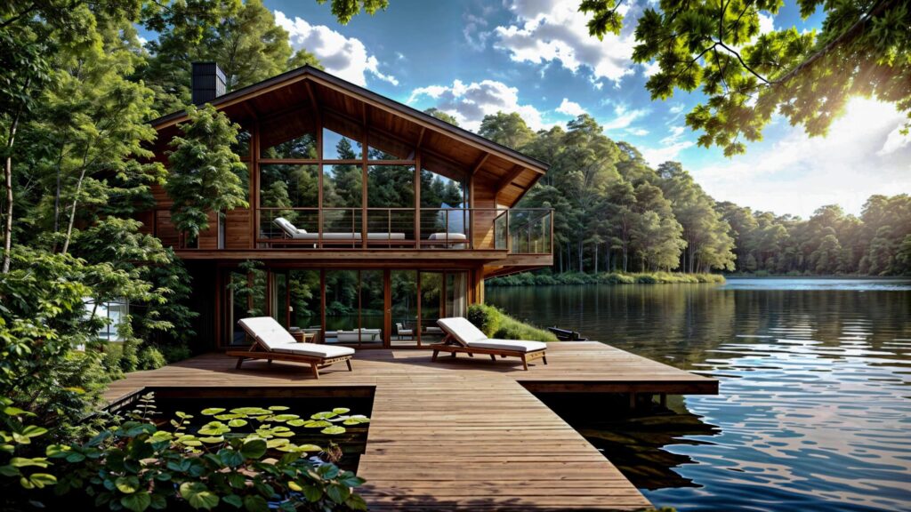 Modern Wooden Lake House with serene lake view and Panoramic Nature with lush greenery Free Photo