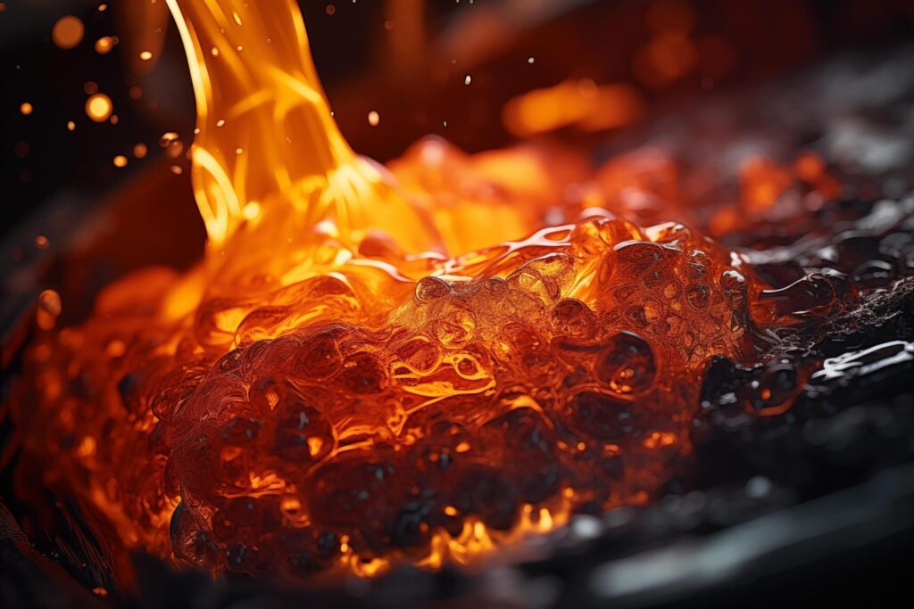 molten metal being poured into hot black steel, forming an orange re on top in closeup. Free Photo