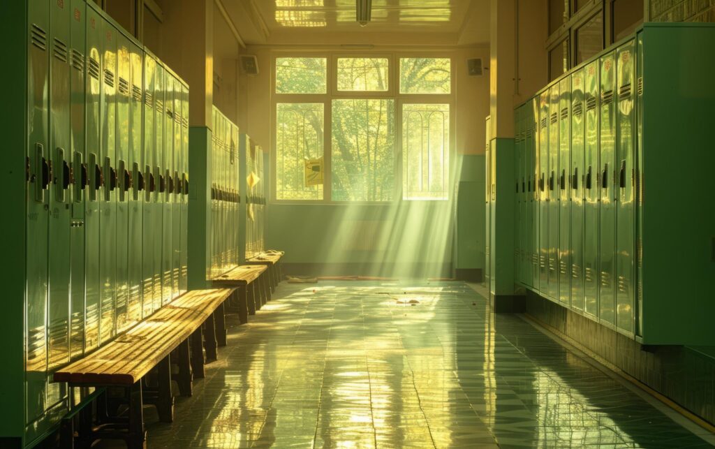 Morning sunlight streams through large windows onto glossy green lockers and polished benches Free Photo