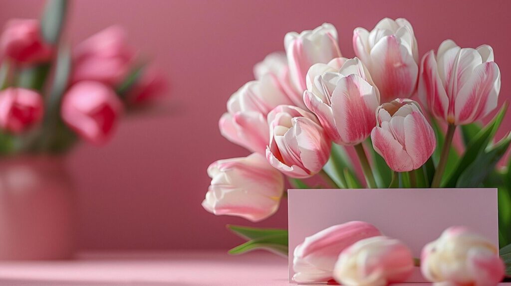 AI generated Mother’s day, Valentine’s Day background concept with tulip flower, blank greeting card. Stock Free