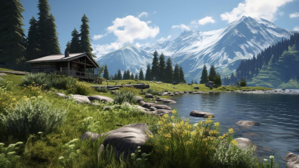 Mountain Lakeside Cabin Background Free Photo