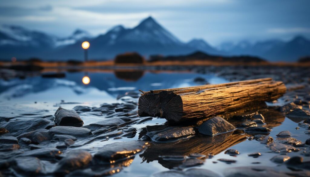 Mountain peak reflects tranquil sunset over serene waters generated by AI Free Photo