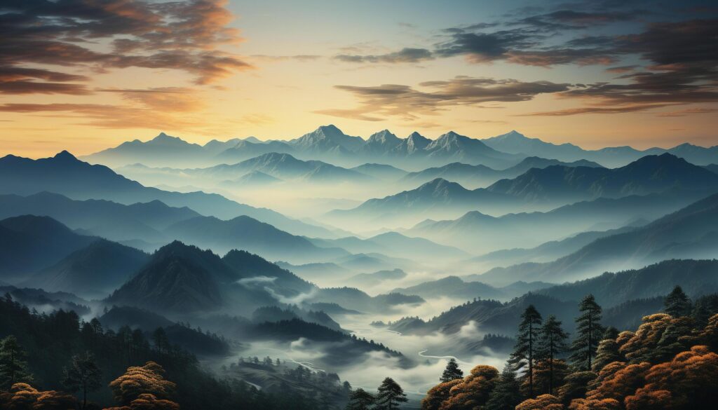 Mountain peak silhouette against a foggy autumn sunset sky generated by AI Free Photo