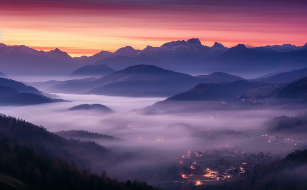 Mountains in fog at beautiful night in autumn in dolomites landscape with alpines Free Photo