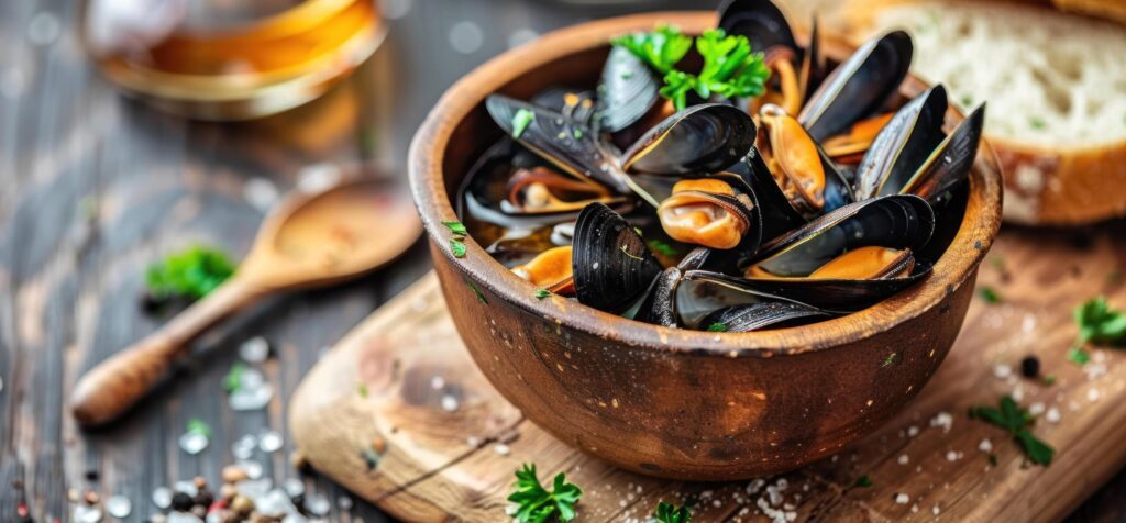 mussels are cooked in stew with bread and onions on wooden table Free Photo