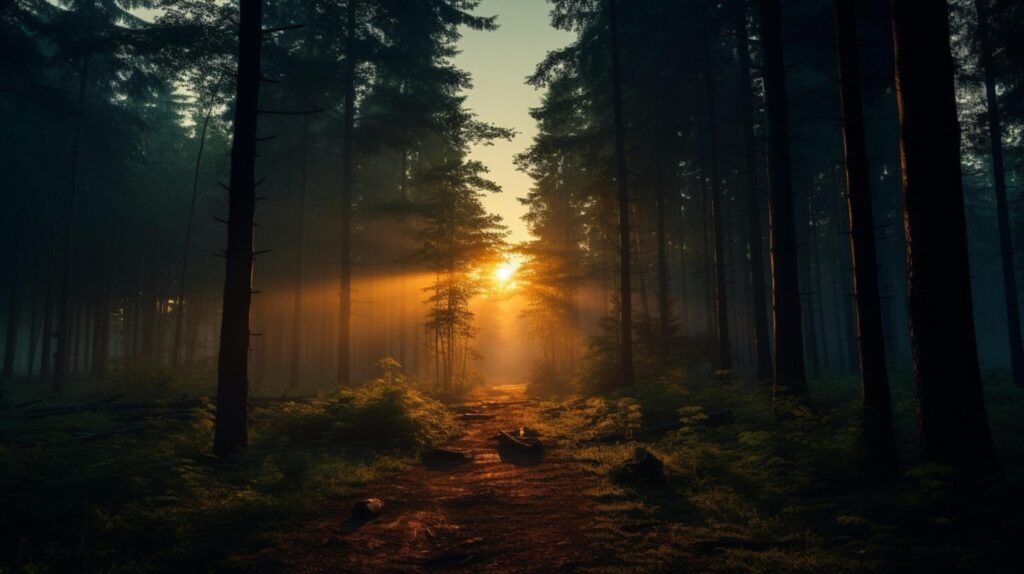 Mysterious Forest Sunrise Background Free Photo