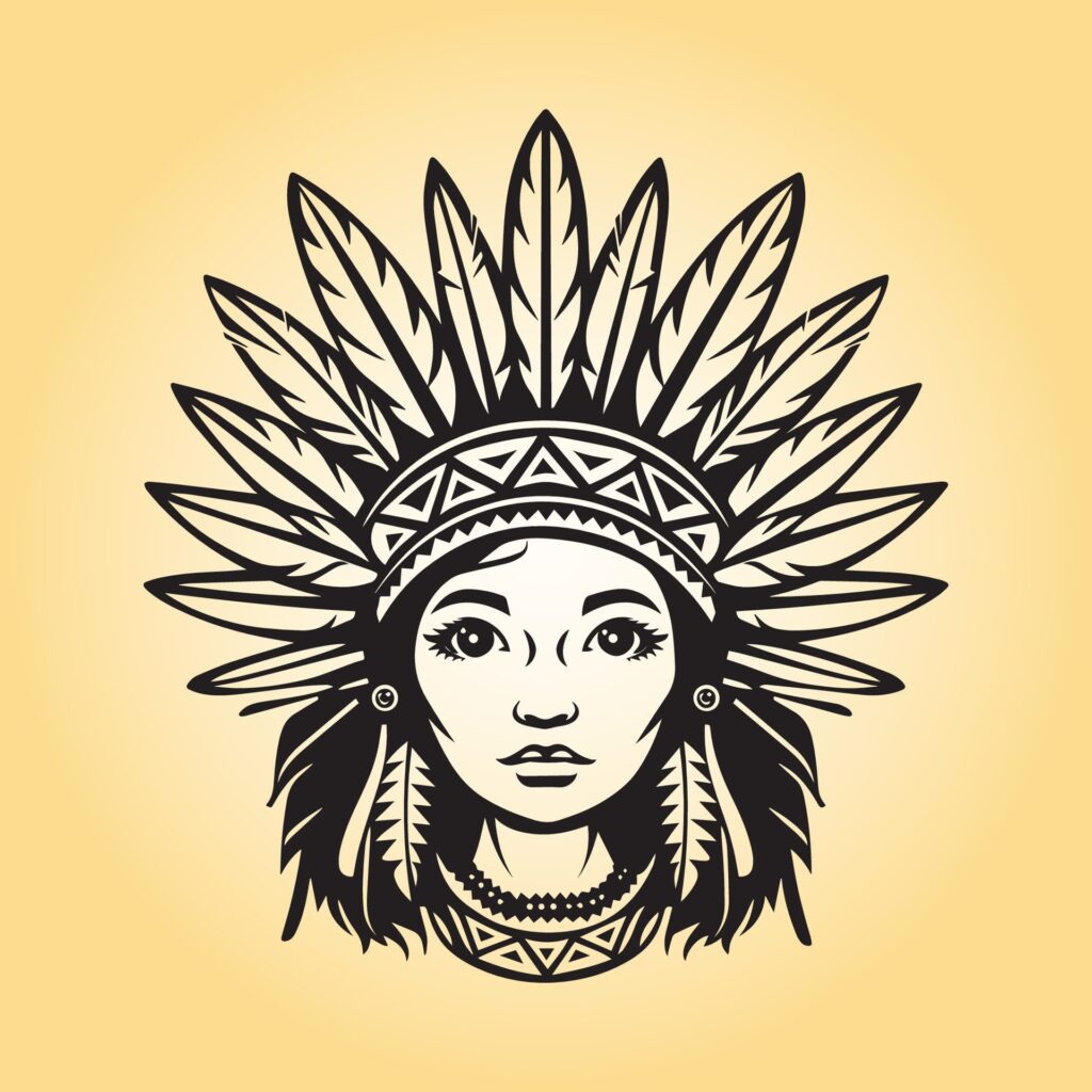 Native American Cute Women Face Silhouette illustration in black and white Free Vector