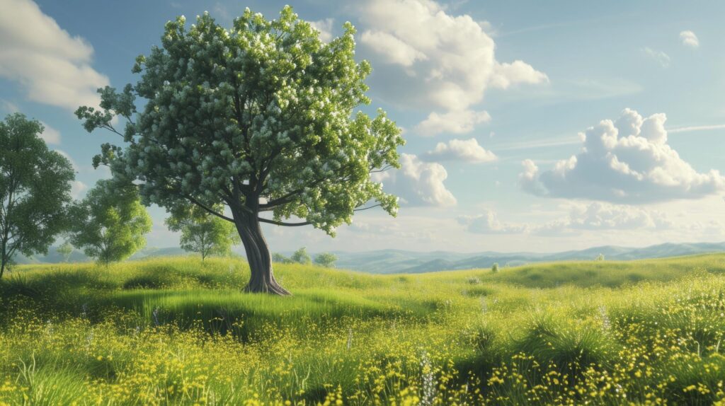 Nature Majesty, A Green Meadow with a Towering Tree Reaching Up to the Sky, Emanating a Sense of Peace and Grandeur. Free Photo