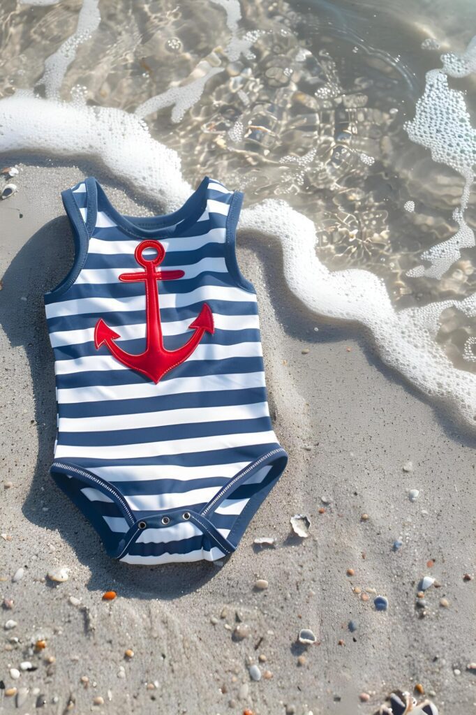 Navy and White Striped Baby Swimsuit with Red Anchor Applique Free Photo