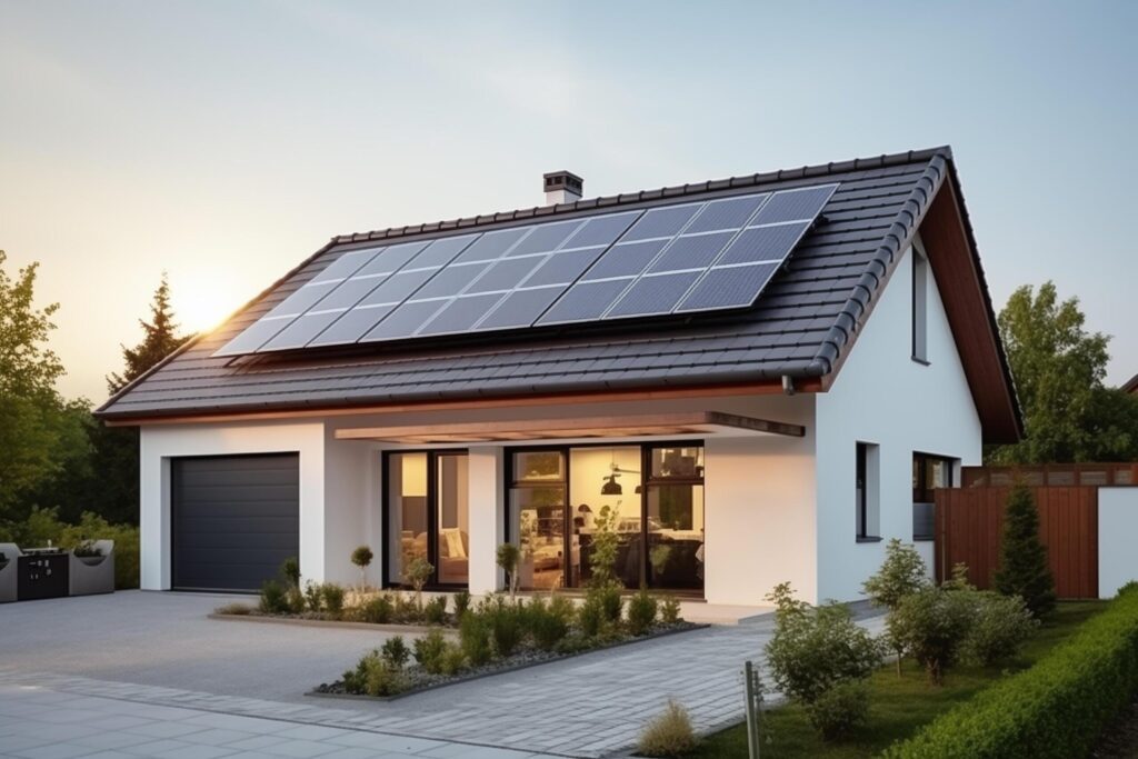 New suburban house with a photovoltaic system on the roof. Modern eco friendly passive house with solar panels on the gable roof, driveway and landscaped yard. Free Photo