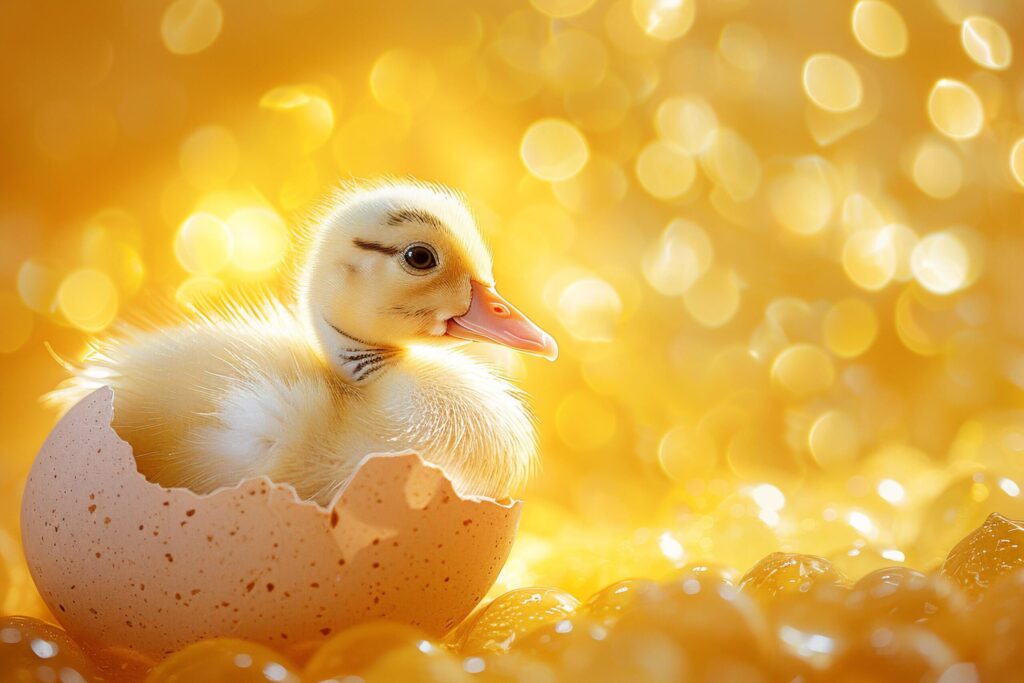 Newborn Duckling Emerging from Egg in Golden Light with . Free Photo