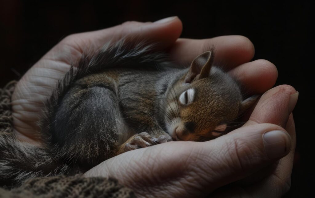 Newborn Squirrel Nestled in Hands Free Photo