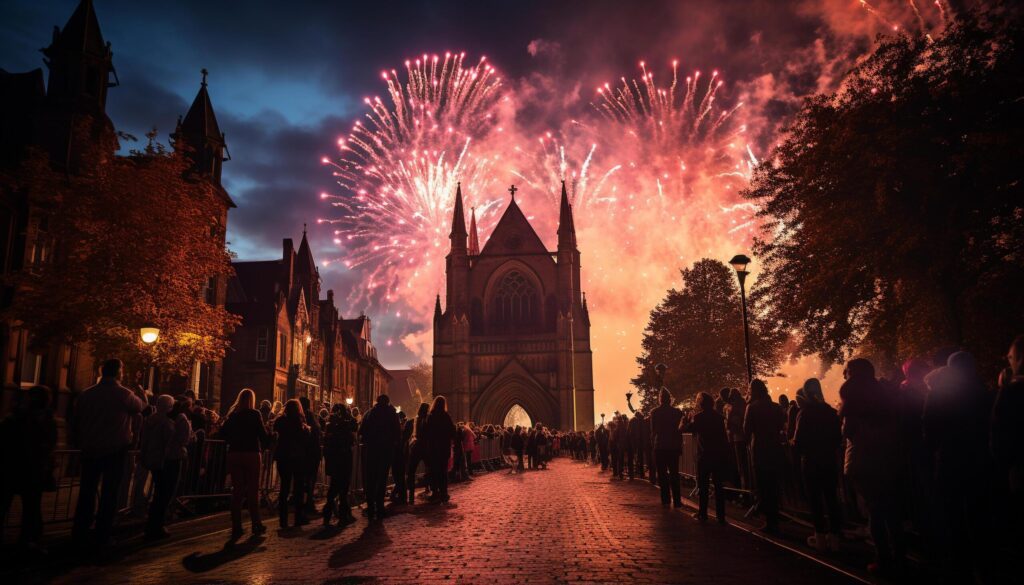 Nighttime celebration illuminates famous religious architecture outdoors generated by AI Free Photo